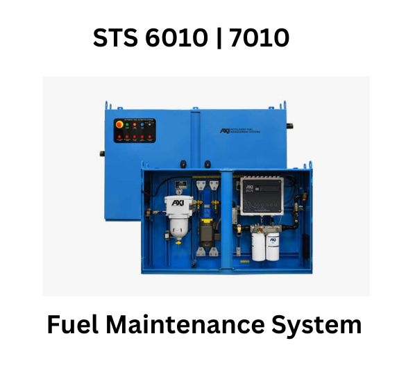 STS 6010 | 7010 Fuel Maintenance System by AXI International, featuring a blue control panel with various components and filters